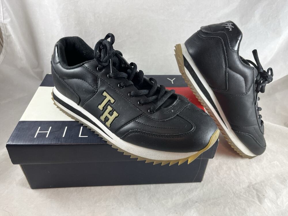 Tommy Hilfiger Logo Signature Black Leather Sneakers Trainers Womens Size 9 M